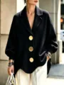 Women oversized black wool coat with statement gold buttons and lapel collar detail. - S / Tops / Black