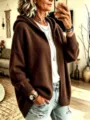 Comfortable brown hooded knit cardigan for women, casual long sleeve open front sweater. - S / Tops / Coffee