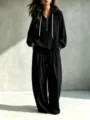 Effen kleur hoodie en wijde broek set voor vrouwen, casual tweedelige outfit, modieus. - S / Bovenstuk En Onderstuk / Zwart