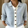 Blue and white striped knit cardigan with buttons, detailed view of texture and buttons. - S / Tops / Blue