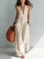 Femme couleur unie col V sans manches ample grande poche combinaison mode chic décontractée - Blanc