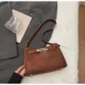 Retro brown suede shoulder bag for women, luxury style classic kelly design crossbody bag. - Brown No Pendant