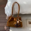 Brown suede tote bag for women, vintage style shoulder bag with cute dog pendant and dual handles. - Brown With Pendant