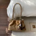 Brown suede shoulder tote bag for women, stylish casual handbag with cute dog charm accessory. - Khaki With Star Charm