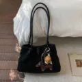 Chic retro black women tote bag casual PU leather shoulder handbag with cute puppy charm - Black With Pendant