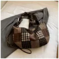Retro plaid patchwork shoulder bag, stylish casual large capacity autumn winter crossbody bag for women - Coffee