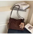 Brown suede vintage shoulder bag, casual slouchy tote bag for women daily commute - With Pendant / Coffee