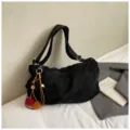 Black frosted underarm shoulder bag with cute pom-pom charm, stylish vintage crossbody tote. - With Pendant / Black