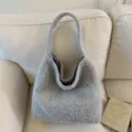 Grey fluffy underarm hobo bag, soft plush winter shoulder tote for women casual daily wear. - Light Gray
