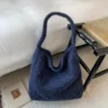 Dark blue fuzzy shoulder bag, winter fluffy hobo tote, soft casual commute handbag for women. - Blue
