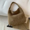 Retro autumn winter fuzzy shoulder bag casual soft brown hobo tote handbag for women daily use - Brown
