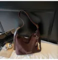 Vintage Dark Brown Suede Shoulder Bag, Retro Casual Commuting Underarm Bag for Women - With Pendant / Coffee