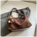 Brown suede retro tote bag for women large capacity casual shoulder bag daily commuting style - With Pendant / Coffee