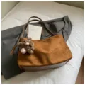 Korean vintage suede tote bag for women, large capacity casual shoulder bag for daily commuting. - With Pendant / Brown