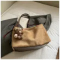 Korean vintage style large capacity shoulder tote bag with cute bear pendant for women - With Pendant / Khaki