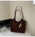 Retro frosted suede tote bag for women, large capacity casual shoulder bag with bead pendant. - With Pendant / Coffee