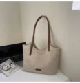 Beige suede tote bag, retro casual single shoulder handbag with brown straps, large capacity. - No Pendant / Off White
