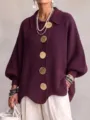 Purple knitted cardigan for women featuring large gold buttons and elegant lapel collar. - Deep purple