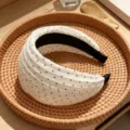 Korean polka dot wide headband detail view, fashion hair accessory for daily styling and elegant look. - Off-White Polka Dot
