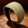 Korean style pleated polka dot plaid wide headband, contrast color chic hair hoop accessory - F Orange Green Plaid