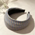 Blue orange plaid wide headband close up, stylish pleated fabric hair accessory for women. - D Orange Green Plaid