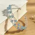 Silver Woven Crystal Beaded Cuff Bracelet, Light Blue Gemstone Open Bangle Jewelry. - Blue Crystal Woven Bracelet
