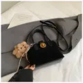 Black women top handle shoulder bag retro suede crossbody bag stylish casual daily handbag - Black With Pendant