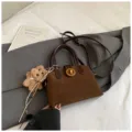Vintage brown suede handbag women's stylish shoulder crossbody bag with cute bear charm. - Brown with Pendant