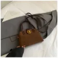 Brown suede top handle shoulder bag with turn lock closure and crossbody strap stylish retro - Brown No Pendant