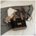 Trendy women's diamond quilted crossbody bag with brown trim and cute bear pendant accessory. - With Pendant / Black