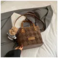 Retro quilted commuter shoulder bag, stylish PU leather handbag with bear charm. - With Pendant / Coffee
