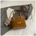 Brown quilted crossbody bag for women retro shoulder bag stylish handbag with cute bear pendant - With Pendant / Brown