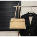 Beige suede tote bag for women, stylish shoulder bag with chic belt buckle design for daily commute. - No Pendant / Khaki