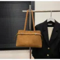 Brown suede shoulder underarm bag for women, stylish tote bag with belt detail and double handles. - No Pendant / Brown