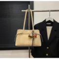 Chic beige shoulder tote bag for women, Korean style PU leather commute handbag with charms. - With Pendant / Khaki