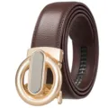 Men's automatic buckle leather belt, brown strap with stylish gold metal buckle detail. - Matte Gold Buckle with Brown Strap