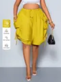 Women's high waist drawstring harem shorts with large pockets, casual loose summer shorts. - S / Bottoms / Yellow