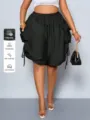 High-waist loose harem shorts for women with side pockets and drawstring, breathable viscose. - S / Bottoms / Black