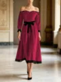 Velvet Off-the-Shoulder Midi Dress with Lace Trim and Waist Bow Detail for Women Elegant Party Gown - S / Dresses / Burgundy