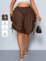 Stylish high-waist women's brown harem shorts with drawstring pockets, breathable viscose fabric. - S / Bottoms / Coffee
