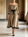 Detailed view of elegant velvet off-shoulder dress with lace trim and bow belt for events. - S / Dresses / Khaki