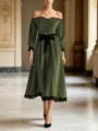 Elegant off-shoulder velvet midi dress with black lace trim and bow waist belt for women. - S / Dresses / Green