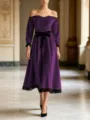 Stunning off-shoulder purple velvet midi dress with black lace trim and waist bow detail. - S / Dresses / Purple