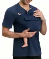 Herren Känguru Papa Babytrage T-Shirt Kurzarm Freizeit Top bequemes blaues Design - S / Oberteile / Marineblau