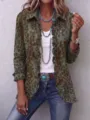 Vue rapprochée du cardigan élégant à imprimé léopard et volants pour femmes et boutons. - S / Hauts / Tacheté vert-brun