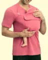 Detail view of the kangaroo dad baby carrier t-shirt front pocket design for fathers. - Pink