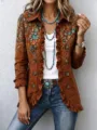 Femme mode manches longues imprimé cachemire cardigan volants vintage haut manteau - S / Hauts / Marron Bohème