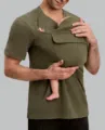 Close-up detail of men's kangaroo pocket short sleeve t-shirt for baby holding dad styling. - Army Green