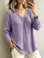Damen lässiges einfarbiges V-Ausschnitt Langarm Rippstrick Pullover Top für den Alltag. - S / Oberteile / Hellviolett