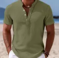 Men solid color short sleeve henley shirt detail view, casual outdoor beachwear apparel - Army Green